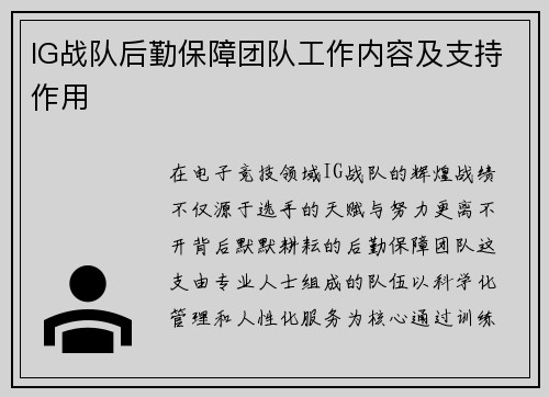 IG战队后勤保障团队工作内容及支持作用