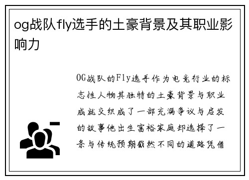og战队fly选手的土豪背景及其职业影响力